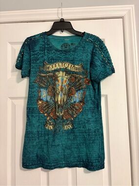 Affliction Teal Studded Skull & Rose Graphic Tee